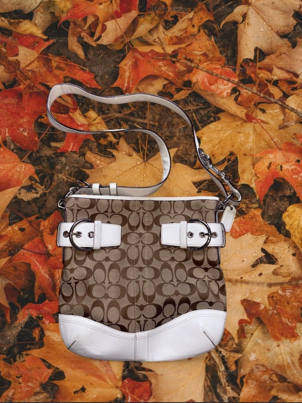 Y2K 2005 Coach Brown & White Leather Signature Buckle Crossbody Bag